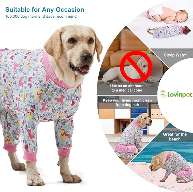 LovinPet Large Breed Dog Pajamas Onesie, Lightweight Stretchy Knit Dog Jammies, Unicorn Seafoam Print, Stop Shedding for Dogs, Pet Pajamas for Dogs, Pet PJ's, L