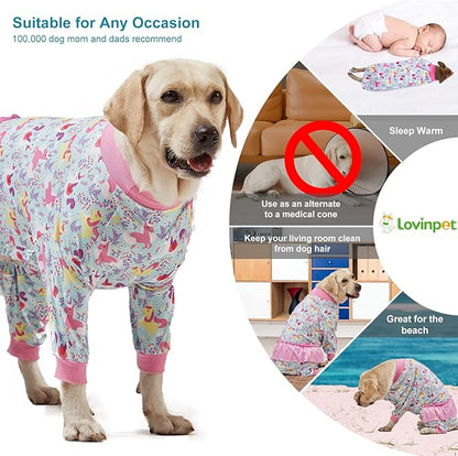 LovinPet Large Breed Dog Pajamas Onesie, Lightweight Stretchy Knit Dog Jammies, Unicorn Seafoam Print, Stop Shedding for Dogs, Pet Pajamas for Dogs, Pet PJ's, L