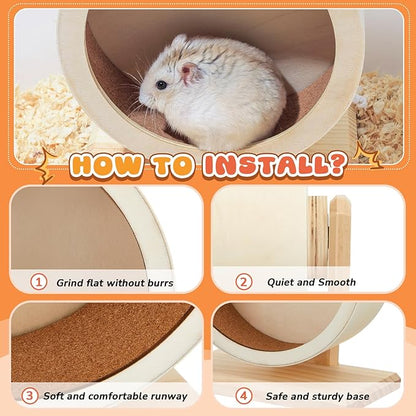 18 Pcs Hamster Cage Accessories, Silent Hamster Wheel, 15 Chew Toys Set, Maze Wood House and Water Bottle Set for Rat Mice Small Animals Habitat (Harmony Wooden Style)