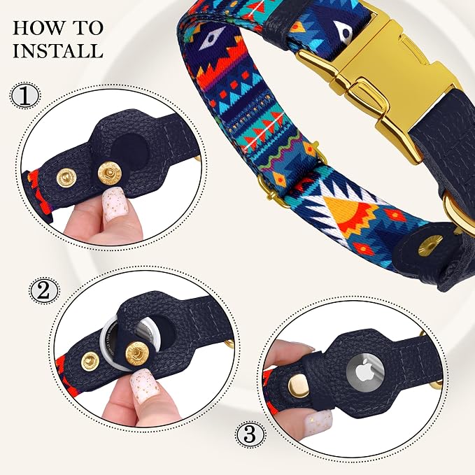 AirTag Dog Collar for Small Medium Large Breed - Adjustable Cute Pattern Dog Collar with Airtag Holder - Soft Leather Tracker GPS Apple Air Tag Pet Collars (Small, 12"-15" Neck Fit, Navajo)
