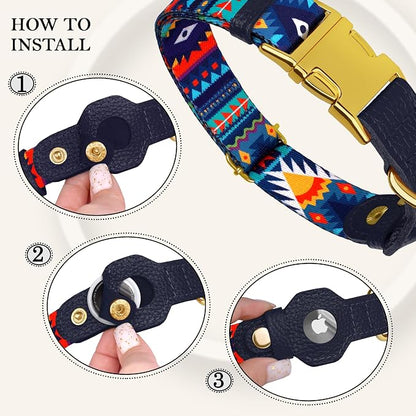 AirTag Dog Collar for Small Medium Large Breed - Adjustable Cute Pattern Dog Collar with Airtag Holder - Soft Leather Tracker GPS Apple Air Tag Pet Collars (X-Large, 20"-25" Neck Fit, Navajo)