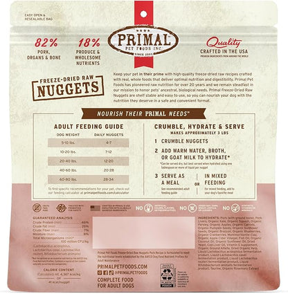 Primal Freeze Dried Raw Dog Food Nuggets, Pork, Complete & Balanced Meal, Also Use as Topper or Treat, Premium, Healthy, Grain Free, High Protein Raw Dog Food, 14 oz