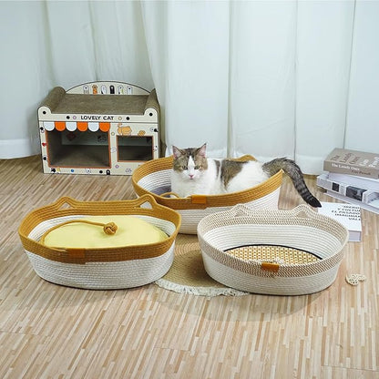Pet Beds for Cats, Cat Beds for Indoor Cats 19.69"×13.78"×6.30",Cotton Rope Oval Cat Bed for All Seasons (with Cooler Straw Mat and Cotton Mat Both), Suitable for cats＆dogs (Brown - Plush, Medium)