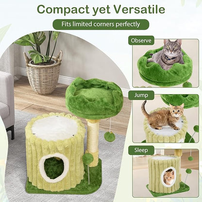 PETSITE 21.5-inch Cute Cat Tree, Small Cat Tree with Sisal Scratching Post, Cat Condo, Padded Top Perch, Interactive Spring and Dangling Ball, Ideal for Small Indoor Cats and Kittens, Green