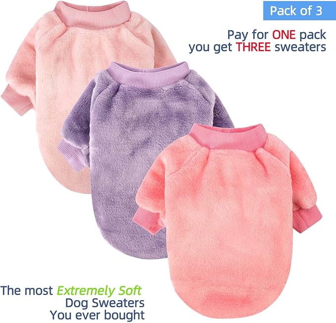 FabriCastle Dog Sweaters, 3-Pack Dog Clothes for Small Dogs Girl & Cats, Soft and Warm Pet Coats XXS - XXL, Winter Pet Jackets, Doggy Apparel Costumes, Puppy Outfits (Pink,Purple,Light pink, XX-Small)