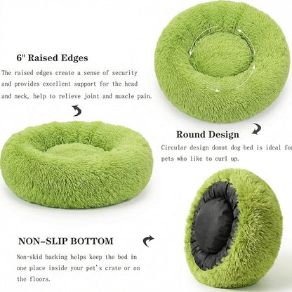 Calming Donut Dogs Beds for Small Dogs Washable,19inch Fluffy Round Puppy Bed for Puppies,Cats & Toy Breeds with Raised Rim,Fits up to 15 lbs Pets,Green