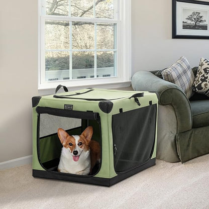 PETSFIT 30" Soft Portable Dog Crate – Patented Spiral Sturdy Frame, Collapsible Travel Kennel for Medium Dogs, 3 Mesh Door, Lockable Zippers, Indoor & Car Use Green