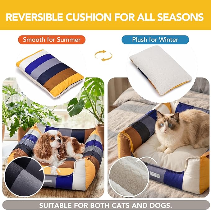 PETNOVO Large Dog Bed with Washable Removable Cover, Reversible All-Season Cushion, Non-Slip Base, Rainbow Pattern, Eco Gift Box, 29.5 × 21.7 × 7.9 in