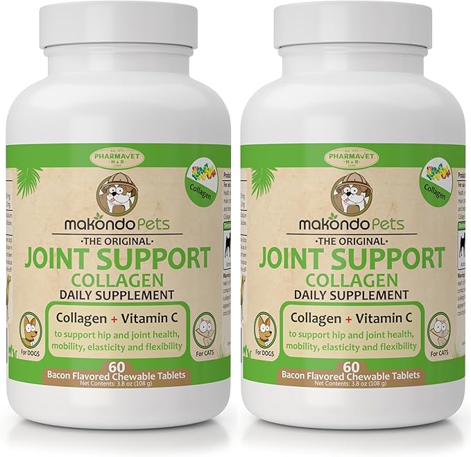 Collagen for Dogs & Cats - Collagen Supplements for Joint Health - Vitamin C Supplement for Joint Mobility - Joint Support Supplement for Dog & Cats - Bacon Flavored Tablets (2 Pack, 120 Tabs)