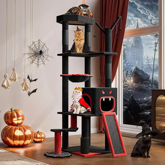 YITAHOME Gothic Cat Tree with Coffin Bed, 60" Tall Cat Tower for Indoor Cats with Top Perch, Spacious Cat Condos, Spider Hanging Balls,Comfy Basket, Scratching Post and Ladder, Black Halloween
