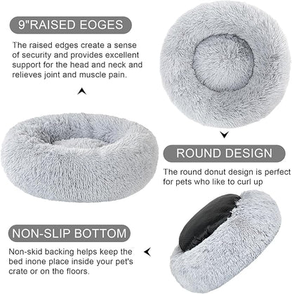 Dog Calming Beds for Small Medium Dogs - Round Donut Washable Dog Bed, Anti-Slip Faux Fur Fluffy Donut Cuddler Anxiety Cat Bed(16" Light Grey)