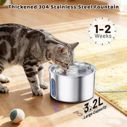 Cat Water Fountain Stainless Steel, 3.2L/108oz Pet Fountains for Drinking with Smart Quiet Pump and Large Water Level Window, Easy-to-Clean Automatic Pet Water Dispenser for Indoor Use