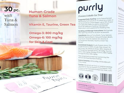 Purrly Squeezable Cat Treats Wet Healthy Interactive Hydrating Human-Grade Tuna & Salmon with Omega-3 & 6 for Skin & Coat (30 Count) Lickable Creamy Puree Topper Wild-Caught No-Artificial-Additives
