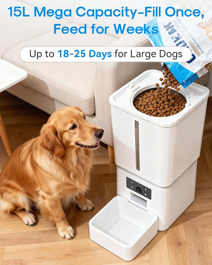 Automatic Dog Feeder Large Breed, 15L/63 Cups Auto Dog Food Dispenser | Anti-Clog Design for 2–23mm Large Kibble, 1080P HD Camera with Night Vision, 5G WiFi Smart App Control for Busy Pet Parents