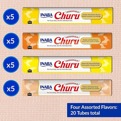 INABA Churu Cat Treats, Lickable, Squeezable Creamy Purée Cat Treat with Green Tea Extract & Taurine, 0.5 Ounces Each Tube, 20 Tubes, Chicken & Beef Variety Box
