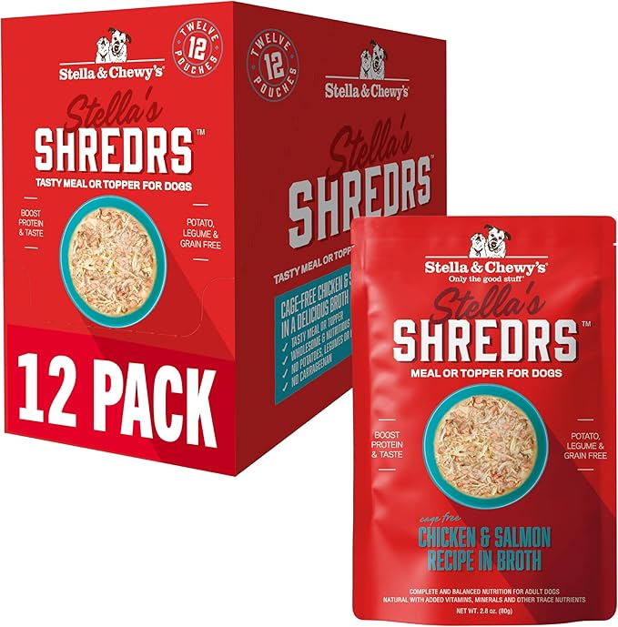 Stella & Chewy's Cage Free Chicken & Salmon Shredrs - Premium Dog Food Pouches - Freeze Dried Raw Nutrition in Broth - Perfect for Picky Eaters- 12 Pack, 2.8oz Each