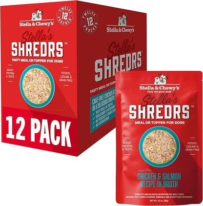 Stella & Chewy's Cage Free Chicken & Salmon Shredrs - Premium Dog Food Pouches - Freeze Dried Raw Nutrition in Broth - Perfect for Picky Eaters- 12 Pack, 2.8oz Each