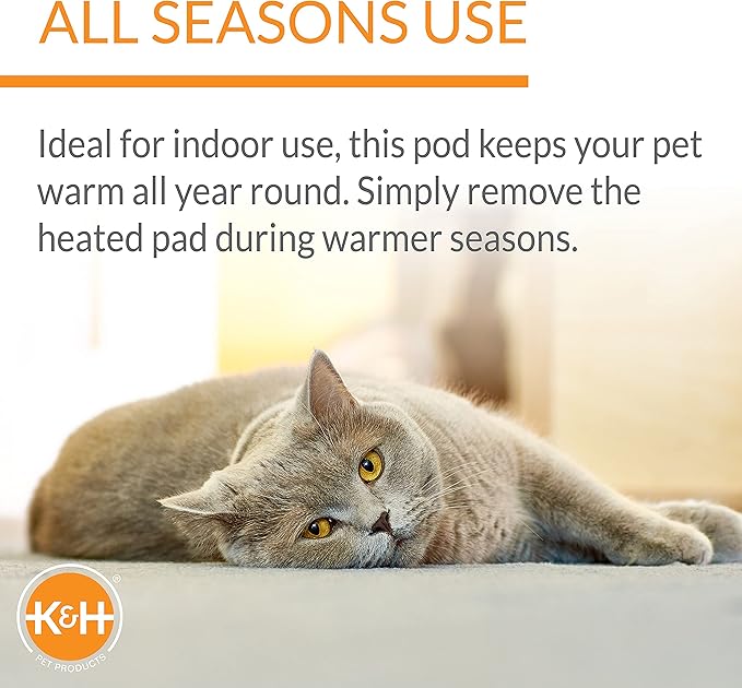 K&H Pet Products Thermo Lookout Pod Heated Cat Bed for Indoor Cats or Small Dogs, Covered Warming Bed Cave for Large Kitties, Washable Cushion, Collapsible, Safety Listed - Round 22in Classy Gray 4W