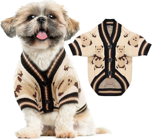ABRRLO Small Dog Sweaters Cute Bear Dog Cardigans Clothes for Small Medium Dogs Boy Girl Puppy Cat Knitting Cardigan Outfits Dogs Winter Coats Warm Pet Doggy Clothes Soft Knitwear (Beige, Small)