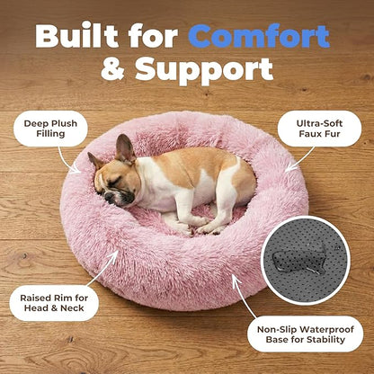 Best Pet Supplies Round Calming Dog Bed for Small, Medium & Large Dogs, Plush Donut Cuddler Pet Bed w/Raised Rim for Head, Neck Support, Anti-Slip Bottom Washable Bed - Pink, 27 x 27 x 7.5