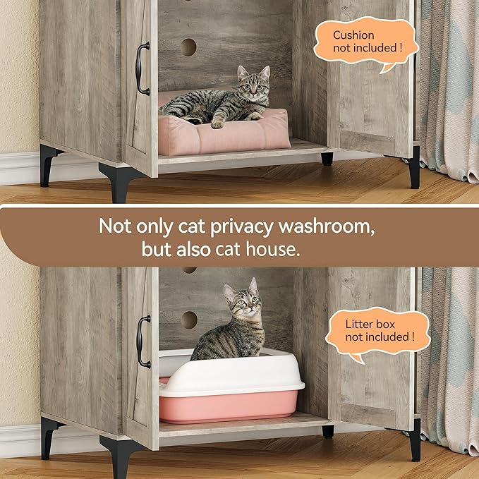 GarveeLife Cat Litter Box Enclosure with Shelves, Litter Box Cabinet, Hidden Cat Box Furniture with Scratching Mat, Wood Sturdy Cat Washroom Storage, Indoor Cat House,Grey