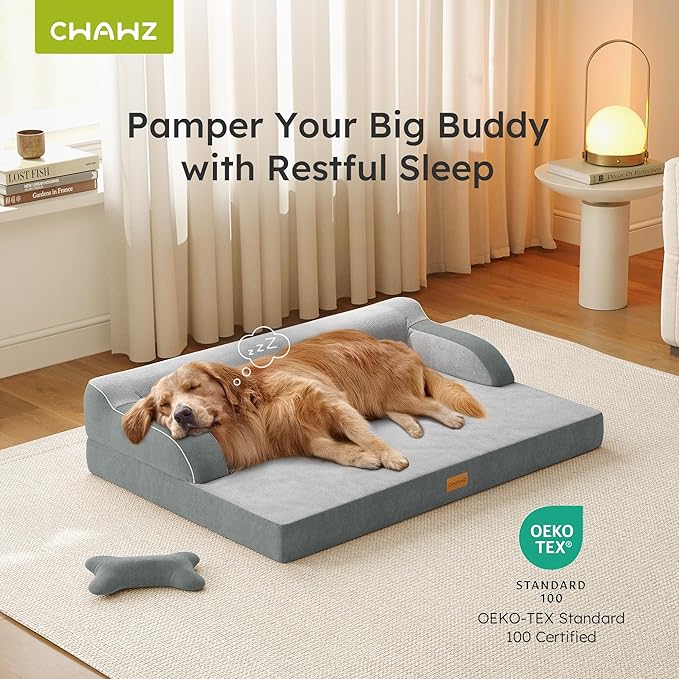 CWAWZ Large Orthopedic Dog Bed, Pet Bed Large Size Dog, Dual-Sided Cooling Beds with Memory Foam Washable Cover Nonslip Bottom, Waterproof Pet Beds with Bolsters, Light Grey