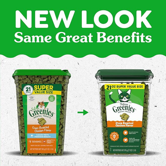 Greenies Cat Treats, Feline Veterinarian-Recommended Adult Natural Dental Cat Treats, Oven Roasted Chicken Flavor, 21 oz. Tub
