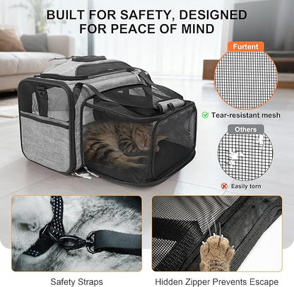 Cat Carrier, Airline Approved Dog Carrier with Top and Side Expansion, 360° Ventilation Soft-Sided Cat Carrier with Safety Leash, Foldable Travel Carrier for Small Cats and Dogs,Grey