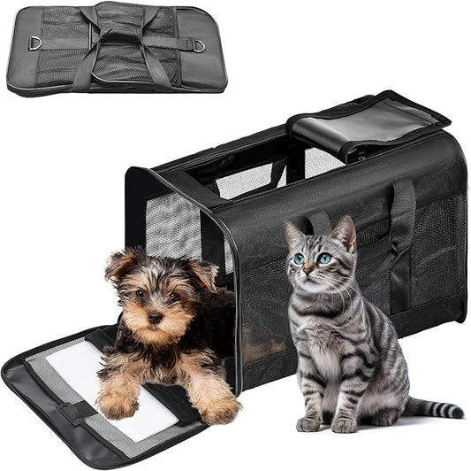 Pet Travel Carrier Soft Sided Portable Bag for Cats, Small Dogs, Kittens or Puppies, Collapsible, Durable, Airline Approved, Travel Friendly (Black Regular)