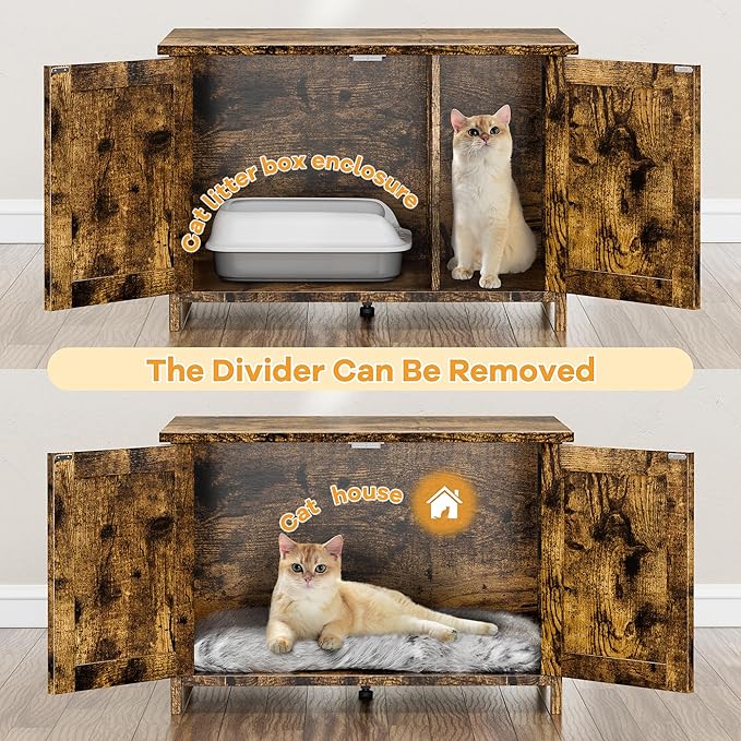 Shintenchi Cat Littler Box Enclosure, Litter Box Furniture Hidden with Removable Divider, Cat House with End Table, Brown, 31.5 inch