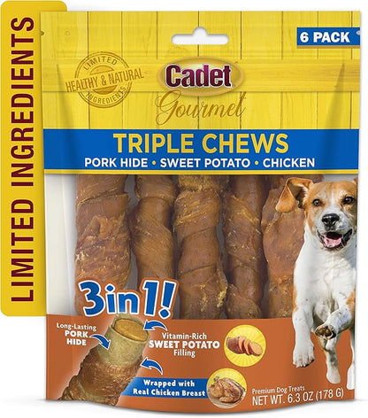 Cadet Gourmet Triple Chews Long-Lasting Pork Hide Sticks with Sweet Potato and Chicken,Healthy Dog Treats for Small & Large Dogs,6 Count (Pack of 2)