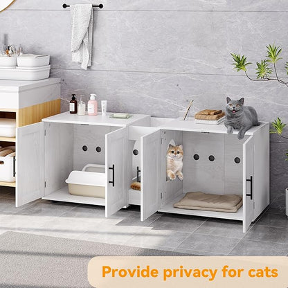 GAOMON Litter Box Enclosure with Double Cage, Cat House,Hidden Litter Box Enclosure Furniture for 2 Cats, Wooden Enclosed Cat Litter Box Furniture,55”L x 17.7”W x 22.5”H,White