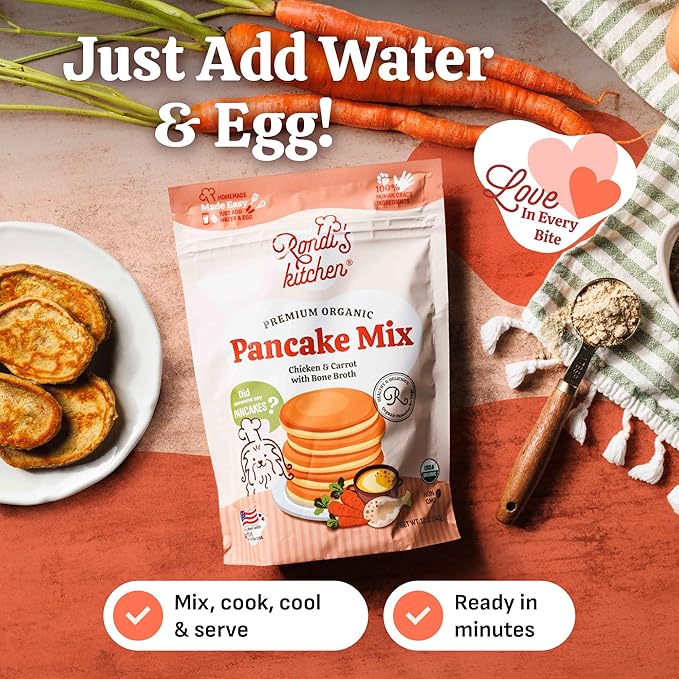 Rondi's Kitchen Organic Dog Pancake Mix - Natural Healthy Treat for All Dogs - Superfood Snack Made with Human-Grade Ingredients - Makes About 38 Pancakes - Chicken & Carrot with Bone Broth