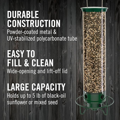 Droll Yankees Squirrel Proof Bird Feeders for Outdoors - YF-M - Flipper, Collapsible Perches, 5-Pound Seed Capacity, Green
