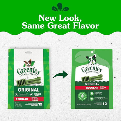 Greenies Veterinarian-Recommended Adult Natural Dental Dog Treats Regular Size, Dog Dental Chews, Original Flavor, 12 oz. Pack, 12 Count