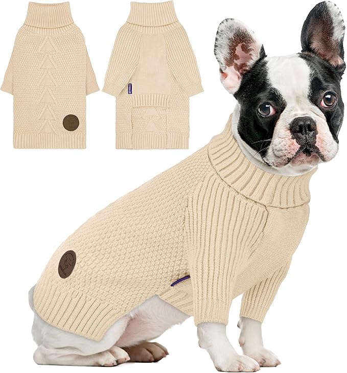 cyeollo Dog Sweater Turtleneck Knitted Sweaters with Long Sleeve Fall Winter Dog Clothes Sweaters for Small Dogs, Beige M