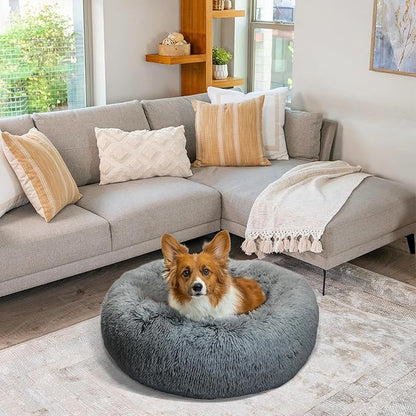 Best Friends by Sheri The Original Calming Donut Dog Bed for Medium Dogs up to 45 lbs, Shag Faux Fur, Gray, Medium, 30" x 30"