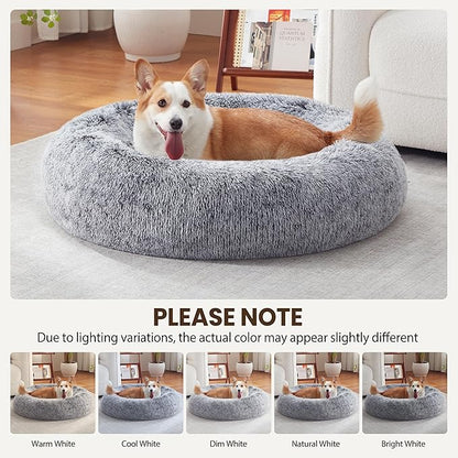 Donut Dog Bed Medium Size Dog 36 Inch, Round Cat Beds for Small Medium Dogs and Cats with Washable Fluffy Faux Fur, Cute Comfort Pet Bed with Anti-Slip Bottom, Grey