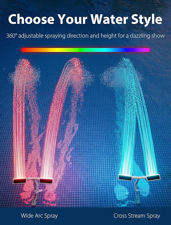 POOLHOUR 2026 Upgrade Height Solar Pool Fountain with 10-Color 4-Mode LED Lights, Auto Light-Sensing Pool Sprinkler Fountain for Above/Inground Pools, 360° Adjustable Spray for 8-16°F Cooling（White）