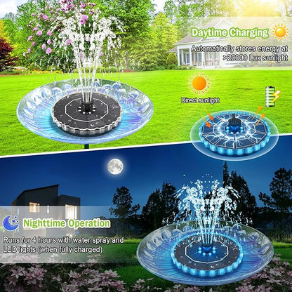 Solar Fountain, 2026 Upgrade 3.5W Solar Bird Bath Fountains with Colorful Ring LED Lights, 2000mAh Battery, 7 Nozzles and 4 Fixers, Solar Water Fountain Pump for Pond, Pool, Patio and Garden
