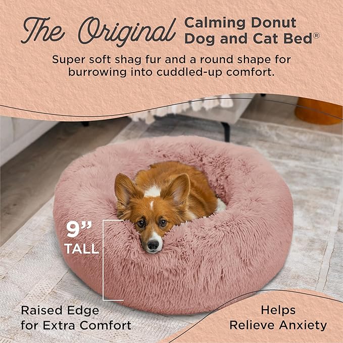 Best Friends by Sheri The Original Calming Donut Dog Bed for Medium Dogs up to 45 lbs, Shag Faux Fur, Dusty Rose, 30" x 30"