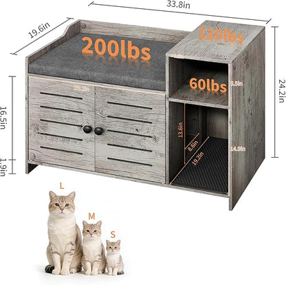 Cat Litter Box Enclosures, Large Hidden Cat Litter Box Furniture with Double Door, Wooden End Table Litter Box Cabinet with Storage Shelf, Cushion & Litter Mat, Dog Proof Design, Modern Cat House