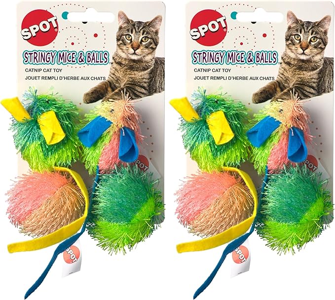 SPOT Stringy Mice & Balls - Catnip Cat Toys, Interactive, Colorful Plush Toys, Fun for Cats and Kittens to Bat and Chase, Boredom Buster - 2 Mice, 2 Balls (Pack of 2)