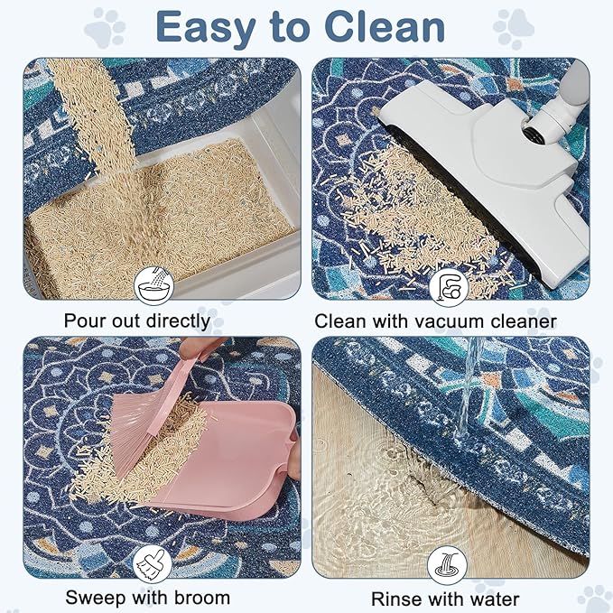 Glittme 24"x15" Cat Litter Mat with Mesh Design - Non-Slip & Waterproof Litter Trapping Pad for Litter Box Protects Floors from Stains Soft Texture for Pets,Navy