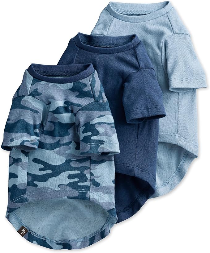 Pet Passion Toby II - The Perfect Tee, 3 Pack Short Sleeve Pet T-Shirt 100% Organic Cotton Tees Clothes for Small, Medium, Large Dogs, Navy Camo, X-Small (5-12 lbs)