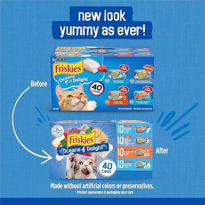 Purina Friskies Wet Cat Food Variety Pack, Oceans of Delight Flaked and Prime Filets - (Pack of 40) 5.5 oz. Cans