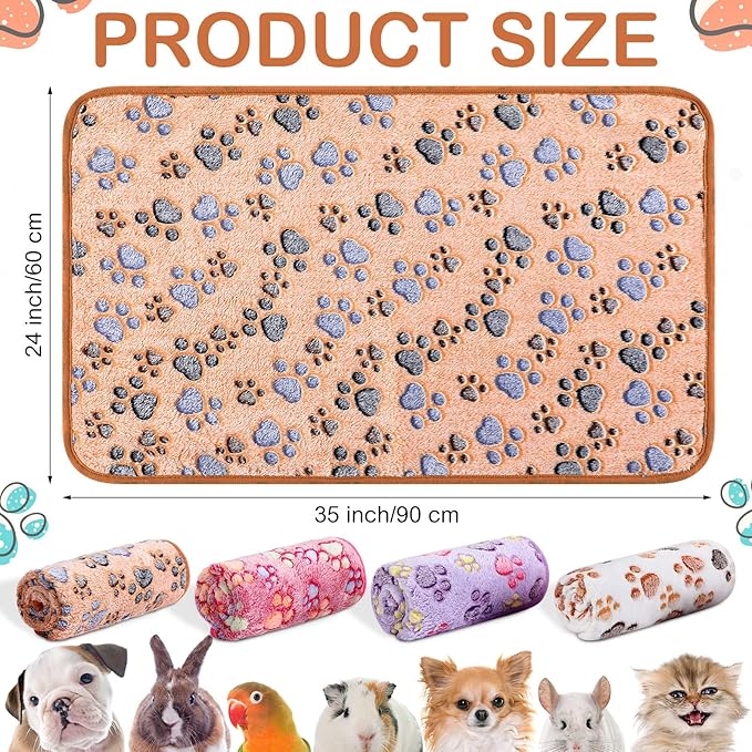 Reginary 4 Pcs Waterproof Guinea Pig Blankets Washable Small Animal Fleece Bedding Guinea Pig Cage Liners Reusable Training Pads Pet Pee Pad Sleep Mat for Hamster(Paw Print,35 x 24 Inch)