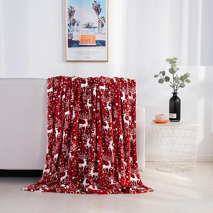 Elegant Comfort Velvet Touch Ultra Plush Christmas Holiday Printed Fleece Throw/Blanket - 50 inches x 60 inches, (Reindeer Stars)