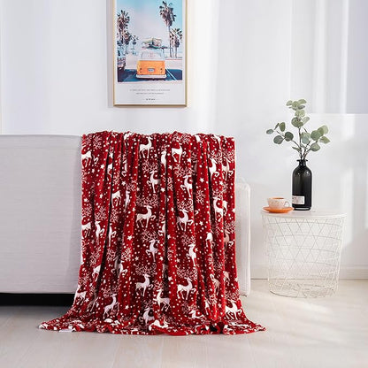 Elegant Comfort Velvet Touch Ultra Plush Christmas Holiday Printed Fleece Throw/Blanket - 50 inches x 60 inches, (Reindeer Stars)