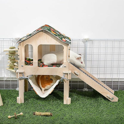Bienbee Guinea Pig Hideout, Large Wooden Guinea Pig Castle with Stair, Hammock and Mat, Detachable Double-Decker Guinea Pigs House for Bunny Hamster Chinchilla Ferret Rabbit Guinea Pigs Accessories